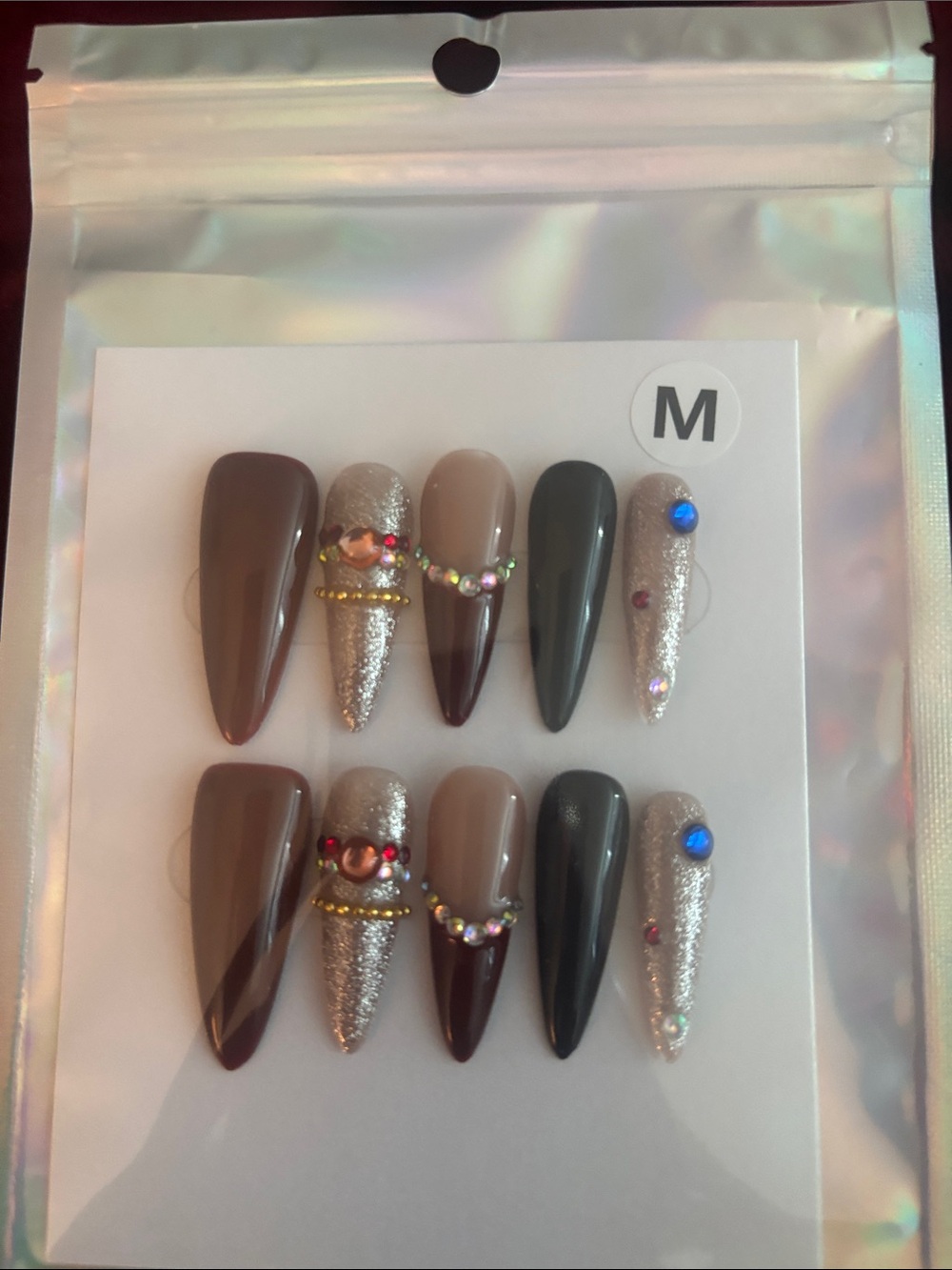 Neutral Brown & Glitter Rhinestone Press-On Nails - M